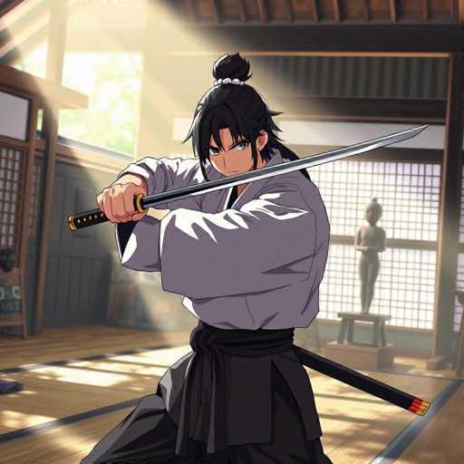 The image depicts a detailed scene from an anime, showcasing a character in a traditional Japanese setting. The character, who appears to be male, is dressed in a gray karate uniform with a black belt tied around his waist. He has long black hair, partially tied up in a bun secured with white beads, while the rest of his hair flows down his back. His striking blue eyes and serious expression add to his focused demeanor. He is holding a long sword with a black handle and gold accents, poised as if ready to strike. The sword's blade is long, silver, and slightly curved at the tip.

The setting is a room with a wooden floor, featuring a black and blue border. In the background, there is a statue of a person standing on a wooden platform, adding to the traditional ambiance. A window in the back allows light to filter into the room, illuminating the scene. The overall atmosphere is one of intensity and focus, capturing a moment of preparation or confrontation.