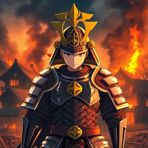 The image depicts a scene from a Japanese anime, featuring a young samurai warrior standing in the foreground. The samurai is clad in a distinctive black and gold armor, with a helmet that has a unique design: the left side is black with gold accents, while the right side is gold with black accents. His armor includes a prominent gold shield on his chest and a red belt with a gold buckle. The samurai's eyes are a striking orange, and his mouth is set in a determined expression.

Behind the samurai, the background is engulfed in flames, with several traditional Japanese-style buildings on fire. The sky above is dark and ominous, filled with black and gray smoke that adds to the chaotic atmosphere. The ground beneath the samurai is covered in dirt, and there are scattered pieces of wood and debris, suggesting recent destruction. The overall scene conveys a sense of urgency and impending danger, with the samurai seemingly ready to confront the chaos unfolding around him.