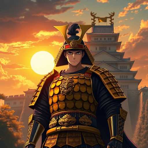 This detailed illustration depicts a character from the anime "Samurai Jack," set against a dramatic sunset. The sky is a blend of orange and gray hues, with the sun positioned on the left side of the image, casting a warm glow. The character stands prominently in the foreground, adorned in elaborate gold armor that includes shoulder pads, a chest plate, and a belt featuring three large gold emblems. His attire is completed with a black shirt, black pants, and a distinctive helmet with a red band and a gold emblem. The helmet has a unique design, with a pointed front and a wide back that extends to the sides. The character's hair is styled in a bun, adding to his regal appearance. Behind him, a tall, multi-tiered building with a flag at the top can be seen, along with a smaller structure to the left. The scene is framed by trees on both sides, enhancing the overall composition and adding depth to the background.