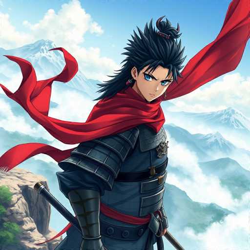 This image features a striking anime character set against a dramatic backdrop. The character, who has long black hair styled into a bun with two horns protruding from the top, is gazing directly at the viewer with piercing blue eyes. He is adorned in a red scarf that billows to the right, adding a sense of motion to the scene. His attire includes a blue shirt and matching blue pants, complemented by a black belt with a gold buckle. A sword is sheathed at his side, hinting at his readiness for battle. The background is a breathtaking landscape of snow-capped mountains, partially obscured by clouds, with a rocky outcrop visible in the bottom left corner. The overall composition captures a moment of intense focus and anticipation, with the character's direct gaze drawing the viewer into the scene.
