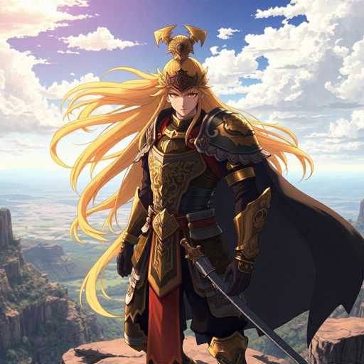 A man with long blonde hair and a gold helmet stands on a cliff overlooking a valley below. He is holding a sword in his right hand and wearing a red and gold armor suit that includes a helmet adorned with a lion's head. The background features a sky filled with clouds, adding depth to the scene.