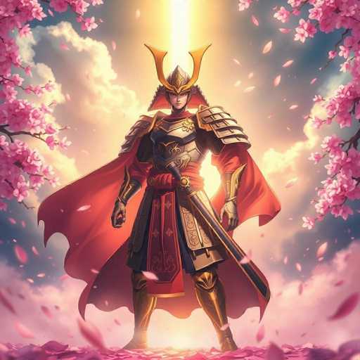 A man dressed as a samurai stands in front of a pink cherry blossom tree with white flowers and pink petals falling around him. The man is wearing a red and gold armor suit and holding a sword in his right hand.