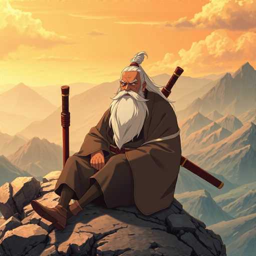 The image depicts an older man with a long white beard and gray hair sitting on a rock atop a mountain. He is wearing a brown robe and holding two swords in his hands. The background features a mountainous landscape under a cloudy sky.