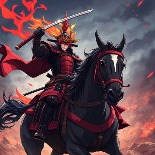 A man dressed as a samurai is riding a black horse with a red saddle and bridle through a fiery landscape of orange flames. The man holds a sword aloft in his right hand while wearing traditional Japanese armor that includes a helmet with a visor and a chest plate adorned with a dragon emblem.