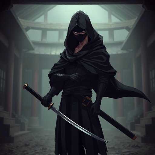 The image depicts a person dressed in black attire holding a sword and shield against the backdrop of an old building with columns and arches. The individual is wearing a hooded cloak that obscures their face, adding to the mysterious atmosphere of the scene.