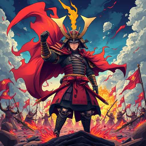 The image depicts a warrior dressed in traditional Japanese armor and wielding a sword, standing atop a cliff with his arms raised high above his head. The background is filled with red flags fluttering in the wind against a backdrop of a blue sky dotted with clouds.