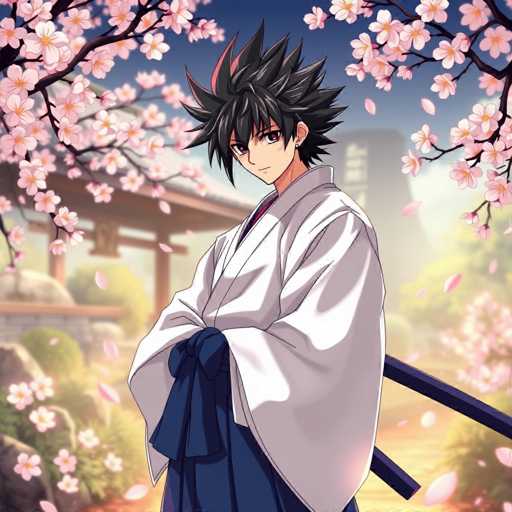 The image depicts a young man dressed in traditional Japanese attire, standing against the backdrop of cherry blossom trees and a wooden temple with pink flowers. The man is holding a sword in his right hand while wearing a white kimono that has a blue sash tied around it.