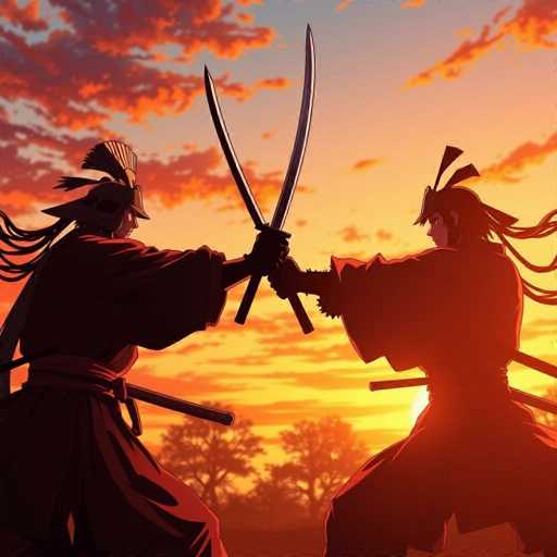 The image depicts two characters engaged in a sword fight against a backdrop of an orange sky and silhouetted trees. The character on the left is wearing a red robe with a white headdress and holding a sword, while the character on the right is dressed in black and also wielding a sword.