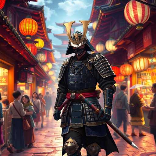 The image depicts a traditional Japanese street scene with a man dressed as a samurai standing on the right side of the frame holding a sword and wearing a blue and gold armor suit. The background is filled with lanterns hanging from buildings, creating an atmosphere of mystery and intrigue.