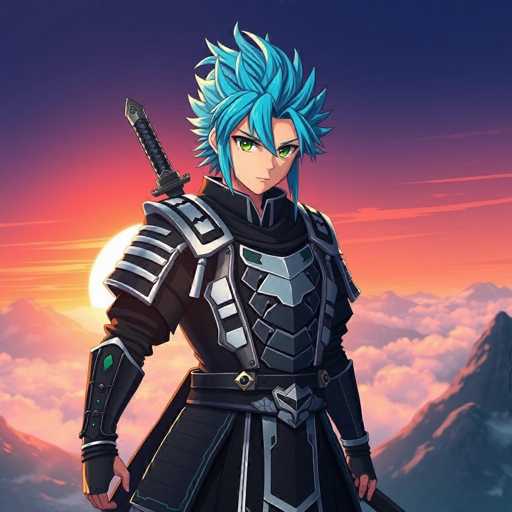 The image depicts a character with blue hair and green eyes standing against a backdrop of a sunset over mountains. The character is wearing a black and silver armor suit and holding a sword in their right hand.
