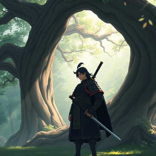 A man dressed in traditional Japanese armor stands in a forest clearing, holding a sword and shield. The trees surrounding him have twisted trunks that reach up into the sky, creating an intricate canopy overhead.