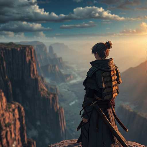 A person dressed in medieval armor stands atop a cliff overlooking a valley below. The individual is holding a sword and shield, suggesting they may be a knight or warrior. The scene is set against the backdrop of a mountainous landscape with a clear blue sky dotted with clouds.