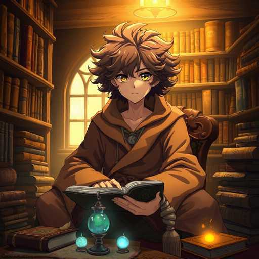 A young girl with brown hair and a brown robe is sitting at a desk surrounded by books and other objects including a crystal ball and a book titled "The Book of the Dead".
