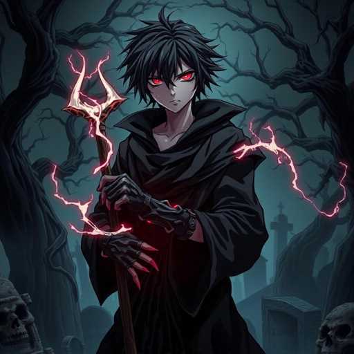 A brooding, intense anime necromancer with dark, unkempt hair and piercing, crimson eyes stands in a foreboding graveyard. Dressed in a tattered black robe and gauntlets, he holds a staff crackling with dark energy. The scene is steeped in ominous lighting and a sense of foreboding, set against a backdrop of gnarled, dark trees. The overall style is detailed and atmospheric, emphasizing the necromancer's intense presence.