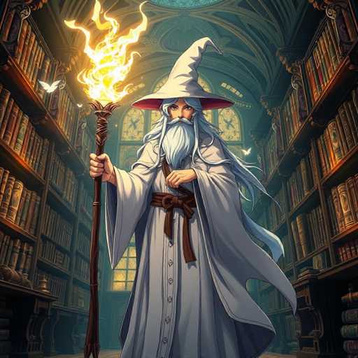 The image depicts a detailed, computer-generated illustration of a wizard standing in the center of a grand library. The wizard, who appears to be female, has long white hair, a flowing white beard, and a mustache. She is wearing a pointed wizard hat with a red interior and a long white robe that is cinched at the waist with a brown belt. In her right hand, she holds a tall, brown staff that emits vibrant yellow and orange flames. The library around her is expansive, with towering bookshelves filled with books on both sides. Above her, a large window with stained glass panels allows light to filter into the room. Adding to the magical atmosphere, a white bird is seen flying to the left of the wizard, and another bird is perched on a bookshelf to the right. The scene is rich in detail, capturing the essence of a mystical and serene environment.