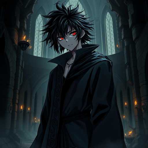 The image depicts a striking anime character with spiky black hair and piercing red eyes, standing in the grand interior of a cathedral. The character is dressed in a black cloak with a high collar, cinched at the waist with a sash, and adorned with a necklace. The cathedral's architecture is majestic, featuring tall arched windows and multiple levels of arches. Candles are strategically placed along the walls, casting a warm glow that enhances the ethereal atmosphere. The overall scene is shrouded in a dark, smoky haze, adding to the mysterious and enchanting ambiance.