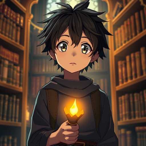 In this detailed anime-style illustration, a young boy stands in the center of a grand library, surrounded by towering bookshelves filled with numerous volumes. The boy, who has short, spiky black hair and large, expressive eyes that are a blend of yellow and brown, gazes directly at the viewer with a neutral expression. He is dressed in a gray hooded shirt with sleeves that reach his elbows, and a brown belt cinches his waist. Over his shoulders, he wears brown straps, suggesting he might be carrying a backpack. In his right hand, he holds a glowing torch that emits a yellow and orange light, illuminating the scene. The library's ambiance is enhanced by the presence of a large window in the background, through which daylight streams, casting a warm glow over the setting. The overall atmosphere is one of quiet contemplation and wonder, as the boy stands amidst the vast collection of books.