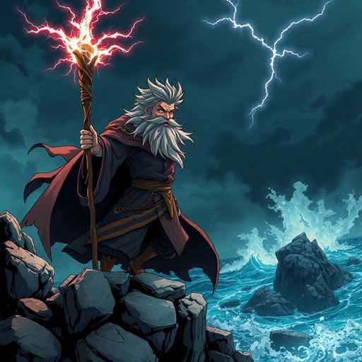 A man with long white hair and a beard is standing on a cliff holding a staff that has a bright red light at the end of it. The cliff he stands on is made up of large rocks and there are waves crashing against them in the background.