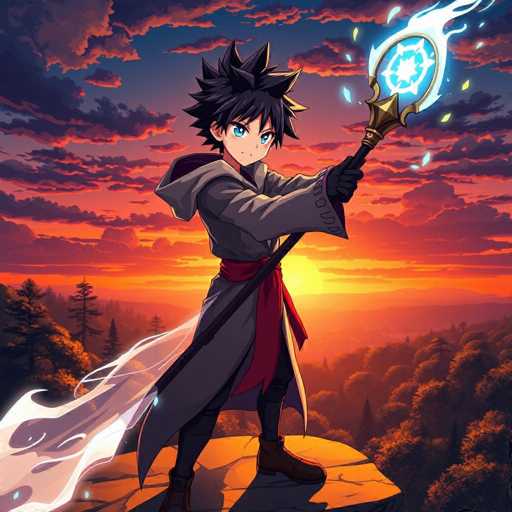 In this captivating image, a character from the anime "Jujutsu Kaisen" stands poised on a rugged cliff, set against a breathtaking backdrop of a sunset. The sky is a mesmerizing blend of orange and blue hues, with the sun casting a warm glow over the scene. The character, dressed in a long gray cloak with a red sash tied around the waist, exudes an aura of power and mystery. Their black hair is styled into spiky points, and their piercing blue eyes add to their striking appearance. They are wearing brown boots and gloves, and in their hands, they hold a staff topped with a glowing blue orb, emitting an ethereal light. The character's stance is confident, with one foot slightly forward, and they gaze directly at the viewer, creating a sense of engagement and intrigue.