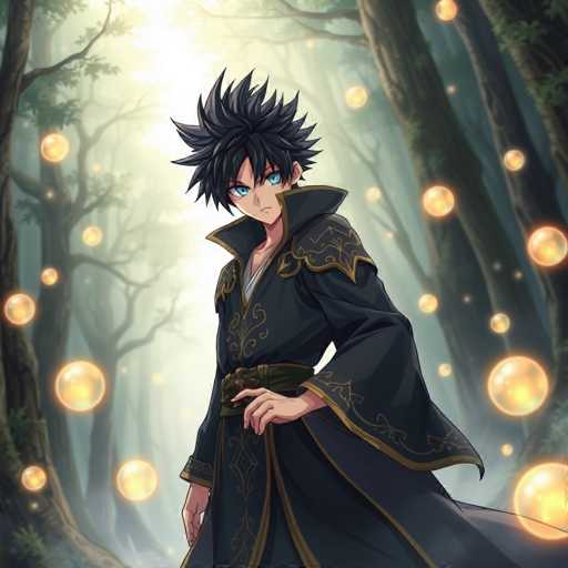 The image depicts a character from the anime "Jujutsu Kaisen." The character is a young man with spiky black hair and piercing blue eyes. He is dressed in a traditional Japanese-style robe, predominantly black with intricate gold embroidery along the collar, sleeves, and hem. A black belt with a gold buckle cinches his waist. The character stands in a forest setting, surrounded by tall trees with sparse foliage. The background is filled with glowing yellow orbs, adding a mystical atmosphere to the scene. The character's expression is serious, and he gazes directly at the viewer, creating a sense of intensity and focus.