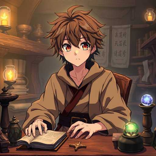In this detailed anime-style illustration, a young man with spiky brown hair and large, expressive brown eyes is seated at a wooden desk. He is dressed in a brown robe with a hood, secured by a black belt, and a strap crosses his chest. His hands rest on the desk, which is adorned with various objects. To his left, there is a small green orb emitting a soft glow, and to his right, a larger blue orb with a star in the center, both resting on pedestals. An open book lies in front of him, and a cross-shaped paperweight sits nearby. The background features shelves lined with books and banners displaying Asian characters, adding to the scholarly ambiance of the scene.