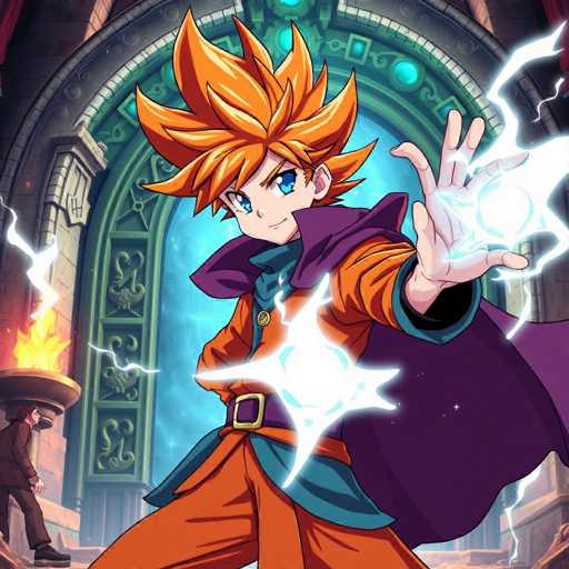 The image depicts a character with an orange hair color and a purple robe standing in front of a green archway that is illuminated by white lightning bolts. The character is holding a sword in their right hand and has a determined expression on their face.