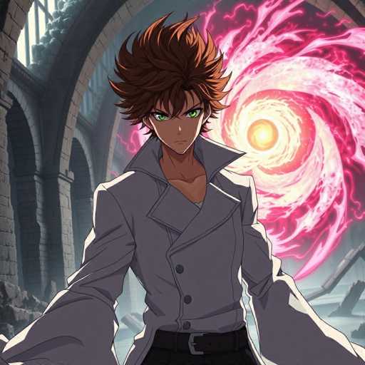 The image depicts a scene from an anime, featuring a character with spiky brown hair and striking green eyes. He is dressed in a white trench coat with the collar turned up, and a black belt with a silver buckle. The character stands in a dynamic pose, with his arms outstretched, exuding confidence and power. Behind him, a swirling vortex of pink and yellow energy adds a mystical and intense atmosphere to the scene. The background reveals a stone building with arched windows, suggesting a grand and ancient structure. The overall composition captures a moment of dramatic tension and magic, characteristic of anime artistry.