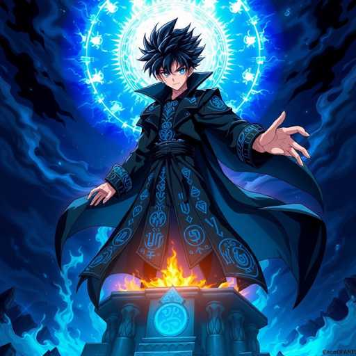 The image depicts a striking anime character standing on a pedestal engulfed in flames. The character is adorned in a long, black robe with intricate blue designs, including triangles, circles, and various other shapes. The robe features a high collar and a sash tied around the waist. The character's right hand is extended outward, palm up, while the left hand rests on their hip. Their hair is spiky and black, and their eyes are a vivid blue. Surrounding the character is a glowing blue halo, adding to the mystical aura. The pedestal they stand on is square-shaped with a circular emblem at its center, and it is supported by four pillars. The background is filled with swirling blue and black smoke, enhancing the dramatic and intense atmosphere of the scene.