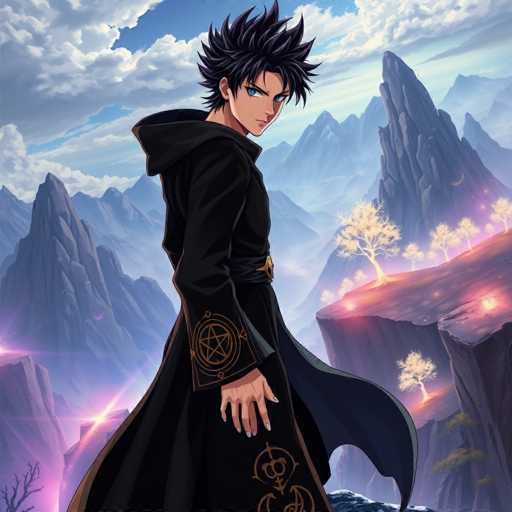 This detailed illustration depicts a young man with spiky black hair and piercing blue eyes, standing in a dramatic mountainous landscape. He is dressed in a long black cloak adorned with intricate gold designs, including a prominent pentagram on the sleeve and other mystical symbols. The cloak is cinched at the waist with a black sash featuring a gold buckle. The man stands with his back to the viewer, but his head is turned over his right shoulder, gazing directly at the observer with a serious expression. His right hand is extended downward, fingers slightly curled. The background showcases a vast expanse of blue sky filled with fluffy white clouds, and jagged, grayish-blue mountains that rise sharply. To the right, a flat-topped cliff is illuminated by glowing white trees, adding a mystical aura to the scene. The overall composition evokes a sense of fantasy and adventure, reminiscent of a character from a graphic novel or video game.