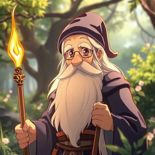 The image depicts a detailed, computer-generated illustration of an elderly wizard standing in a lush forest. The wizard, who has long white hair and a flowing white beard, is adorned with a purple robe and a matching pointed hat. He wears small, round glasses that accentuate his large, expressive eyes. In his right hand, he holds a staff topped with a glowing flame, while his left hand grips a walking cane. The background features a serene forest with a prominent tree, green leaves, and pink flowers, adding to the enchanting atmosphere. The wizard's gaze is directed towards the viewer, creating a sense of connection and wonder.