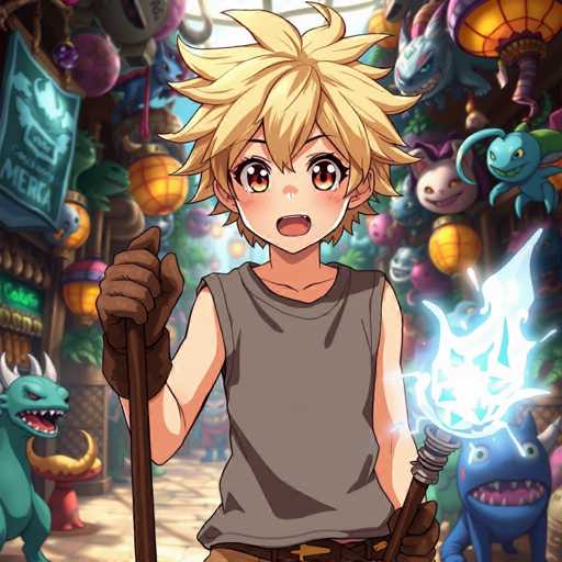 In this vibrant and detailed anime-style illustration, a young boy with spiky blonde hair and large brown eyes stands at the center of a bustling, magical market. He wears a sleeveless gray shirt and brown gloves, gripping a staff with a glowing blue orb at the top. The boy's mouth is open, as if he is speaking or casting a spell. Surrounding him are various fantastical creatures: a blue dragon with white horns to his right, and a green dragon with white horns to his left. The market is filled with an array of colorful lanterns in shades of orange, yellow, and purple, hanging from the walls and ceiling. The background is slightly blurred, emphasizing the boy and the creatures around him, while the market's lively atmosphere is palpable.