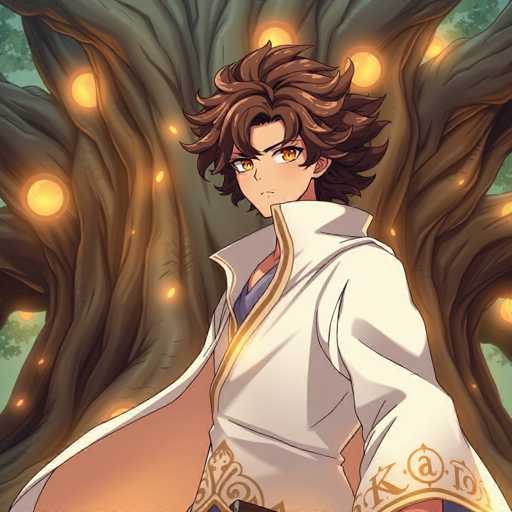 The image depicts a detailed, anime-style drawing of a young man with spiky brown hair and large, expressive orange eyes. He is dressed in a white robe adorned with gold trim, which features a high collar and long sleeves. The robe is open at the front, revealing a glimpse of a blue shirt underneath. His face is marked by a frown, and his head is turned slightly to the left, gazing directly at the viewer. The background showcases a massive, ancient tree with numerous gnarled branches extending in various directions. The tree's bark is a dark brown, and it is illuminated by numerous glowing yellow lights, which appear as small circles scattered throughout the branches. The overall scene is set against a backdrop of green foliage, emphasizing the tree's grandeur and the ethereal quality of the lights.
