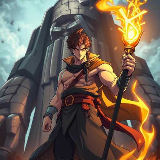 A muscular man with brown hair and a red scarf stands confidently in front of a large stone structure, holding a flaming torch aloft. The man is dressed in a black robe and a gold belt, and the stone structure behind him appears to be a castle or fortress made of gray stone.