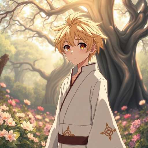 A young boy with blonde hair and a white kimono stands in front of a large tree in a garden filled with pink flowers.