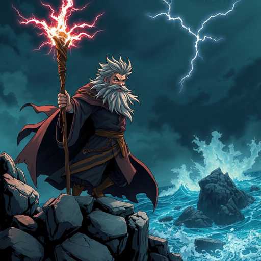 The image depicts a striking scene reminiscent of a fantasy comic book. On the left side, a man stands on a rocky outcrop, his long white hair and beard flowing in the wind. He wears a dark blue robe cinched with a brown belt and a red cape billowing behind him. In his right hand, he holds a staff wrapped in brown cloth, from which crackling bolts of lightning emanate, illuminating the dark, stormy sky. The man's intense gaze is directed to the right, where a tumultuous sea churns with large waves. To his right, another rocky outcrop juts from the water, surrounded by crashing waves. The sky above is filled with ominous dark clouds, with a single, bright bolt of lightning striking down from the top right corner, adding to the dramatic atmosphere of the scene.