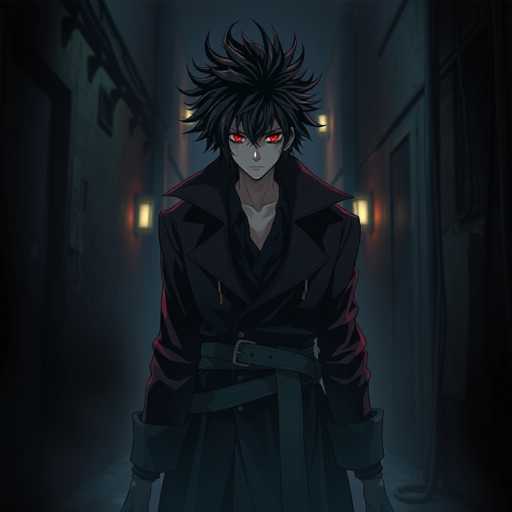 The image depicts a striking anime character with spiky black hair and intense red eyes, standing in a dimly lit, shadowy alleyway. The character is dressed in a long black trench coat with a wide collar, which is fastened by a belt around the waist. The trench coat's sleeves are rolled up, revealing the character's forearms. The background is dark, with the only illumination coming from four yellow lanterns mounted on the walls behind the character, casting a eerie glow. The character's expression is stern, with a small nose and a straight-lined mouth, giving off an ominous vibe. The overall scene is shrouded in darkness, enhancing the mysterious and foreboding atmosphere.