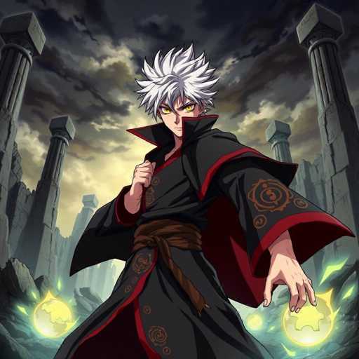 The image depicts a striking anime character set against a dramatic backdrop. The character, who appears to be male, has spiky white hair and piercing yellow eyes. He is dressed in a black robe adorned with intricate red and orange designs, cinched at the waist with a brown belt. His right hand is clenched into a fist, while his left hand is extended outward, palm facing down, with a glowing yellow orb hovering above it. Surrounding him are several similar orbs, each radiating a yellow light. The background features a dark, cloudy sky with hints of sunlight breaking through, and ancient stone columns and structures that evoke a sense of an ancient civilization. The overall scene is rich in detail, blending elements of fantasy and ancient architecture.