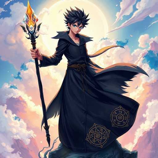 A powerful, anime-style sorcerer stands on a windswept cliff. He has spiky black hair and piercing blue eyes, holding a long, flowing black coat with intricate, mystical runes on the hem. He wields a staff adorned with glowing, ethereal runes. The background is a fantastical, dreamlike landscape with soft, feathery brushstrokes and vibrant colors. The overall art style is distinctly anime-inspired, emphasizing dynamic poses and detailed character design.