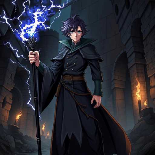 In this captivating image, a character from the anime "Jujutsu Kaisen" stands prominently in the center. The character, dressed in a long black coat with a brown belt and a green collar, exudes an aura of power and mystery. His short black hair frames his face, which is marked by piercing blue eyes and a small nose. In his right hand, he holds a black staff, from which vibrant blue and white lightning bolts emanate, adding an electrifying energy to the scene.

The setting appears to be a grand castle, with towering stone walls and arched doorways that hint at ancient architecture. The floor is scattered with rocks, and several stone pots filled with burning torches cast a warm, flickering light across the room, enhancing the mystical atmosphere. The character's intense gaze is directed straight at the viewer, creating a sense of direct engagement and drawing the observer into the magical world of "Jujutsu Kaisen."
