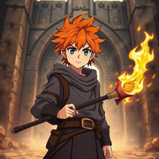 This image features a detailed drawing of a young boy with striking orange hair and large, expressive blue eyes. He is dressed in a gray tunic cinched at the waist with a brown belt, which has a pouch attached to it. The boy is holding a long, black staff topped with a red emblem that appears to be a stylized face. Flames are dramatically erupting from the top of the staff, adding a sense of magic or power to the scene. The background is a stone archway, suggesting he is standing in an ancient or mystical setting. The overall composition evokes a sense of adventure and wonder, reminiscent of a character from a fantasy story or game.