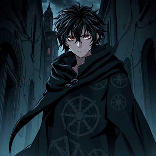 The image depicts a scene from an anime, featuring a character standing in the center of a narrow alleyway. The character, who appears to be male, has short, spiky black hair and striking red eyes. He is dressed in a black cloak adorned with intricate symbols, including a prominent compass-like design in the middle. The background reveals a dark, cloudy sky, adding to the ominous atmosphere. On either side of the alley, there are tall, old buildings with arched doorways and windows, some of which have lit windows. The overall color palette of the image is dominated by shades of black, gray, and blue, enhancing the mysterious and foreboding mood.