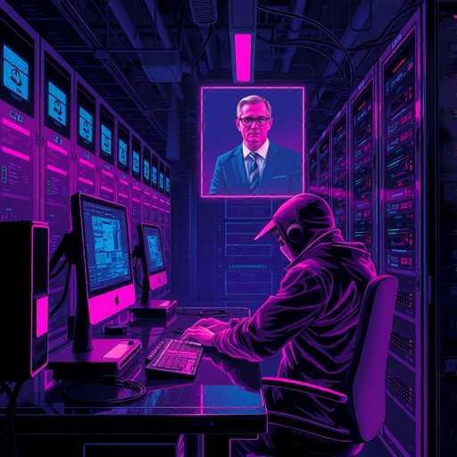 The image depicts a stylized, cartoon-like scene of a hacker working in a high-tech server room. The room is filled with rows of servers on both sides, each glowing with a pinkish-purple hue. The hacker, dressed in a hoodie and a baseball cap, sits at a desk on the left side of the image, facing away from the viewer. He is intently focused on his computer, which displays a blue screen with various icons. The desk is equipped with a keyboard and a mouse, and the hacker is wearing headphones. Above him, a large screen displays the face of a stern-looking man in a suit and tie, possibly a boss or authority figure. The overall atmosphere is dark and moody, with the glow from the servers and the screen providing the primary illumination. The scene is devoid of any text, emphasizing the visual elements and the intense, clandestine nature of the activity taking place.