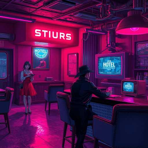 A neon-lit, retro-futuristic bar scene unfolds in a vibrant pink and blue color scheme. A man in a dark suit sits at the bar, interacting with a glowing monitor displaying a hotel advertisement. A woman in a red dress stands nearby, holding a menu and looking towards the man. The overall style is digital art with a strong emphasis on neon lighting and a slightly stylized, almost cyberpunk aesthetic.
