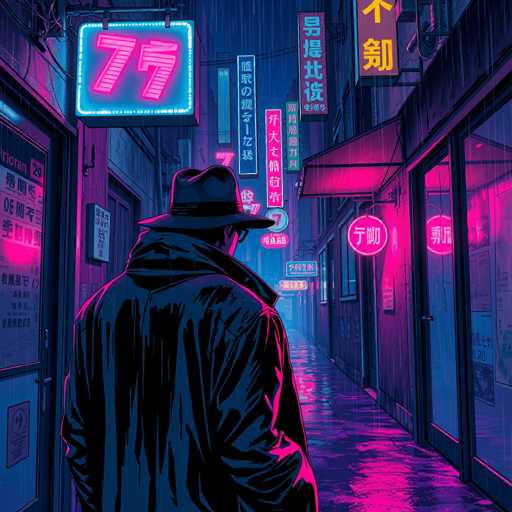 The image depicts a person walking down a street at night, wearing a black coat and hat with the number 77 prominently displayed on it. The street is lined with neon signs and buildings that glow in shades of pink and purple, creating an otherworldly atmosphere.