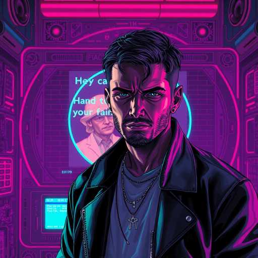 The image depicts a man wearing a black leather jacket and a necklace with a cross pendant. The man is standing against a backdrop of neon lights that create an otherworldly atmosphere. The colors used in the image are predominantly purple and pink, which contribute to the futuristic and edgy aesthetic.