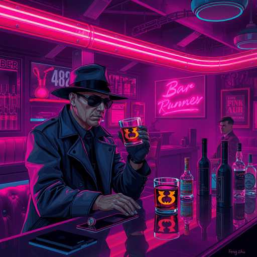 A dimly lit, neon-lit bar scene dominates the image. A man in a dark trench coat and hat sits at a reflective counter, holding a glass of amber liquid. His face is partially obscured by sunglasses, and he's looking down at a smartphone on the counter. The bar is filled with neon signs, including "Bar Runnes" and a vintage-style sign reading "482." Another man stands in the background, also looking at a smartphone. The overall style is a vibrant, stylized digital illustration with a strong emphasis on neon lighting and a retro aesthetic.