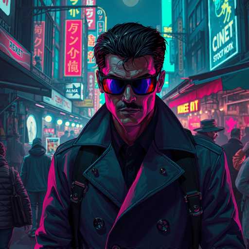 The image depicts a detailed, computer-generated scene of a man standing in the middle of a bustling city street at night. He is dressed in a dark gray trench coat with a large collar and buttons, and he has a black shirt underneath. The man is wearing black sunglasses with blue and red reflections, and he has a mustache. Straps from a backpack are visible on his shoulders. His short black hair is slightly messy, with some strands falling onto his forehead.

The background is filled with tall buildings adorned with neon signs and billboards, some of which display text in an Asian language, possibly Japanese or Chinese. The signs are in various colors, including red, yellow, and blue. One notable sign reads "Cinet Stook Work," and another says "Alna." The street is crowded with people, some of whom are wearing hats, contributing to the lively atmosphere. The overall scene is illuminated by the vibrant neon lights, creating a striking contrast against the dark night sky.