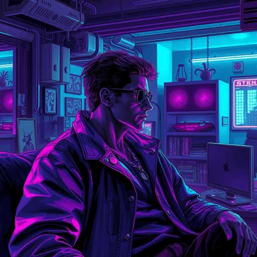 The image depicts a detailed, computer-generated scene of a man sitting in a dimly lit room, illuminated by neon lights in shades of purple and blue. The man, who has short brown hair and is wearing sunglasses, is dressed in a black leather jacket over a black shirt and black pants. He also sports a chain necklace with a medallion. He is seated in a black chair, with his right leg crossed over his left knee, and his right hand resting on his knee. 

In front of him is a desk with an Apple computer monitor, and to his right, there is a bookshelf filled with books. Above the bookshelf, two purple speakers are suspended from the ceiling by chains, and a plant in a vase sits atop them. The background features a wall adorned with various pictures and posters, including one of a devil with horns. Additionally, there is a window with a plant on the windowsill. The room's overall ambiance is accentuated by the neon lighting, creating a moody, almost cyberpunk atmosphere.