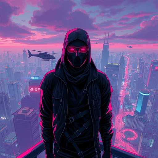 A lone, masked figure in a cyberpunk-style black hoodie and mask stands on a rooftop overlooking a neon-lit, futuristic cityscape. The figure is centrally positioned, looking directly at the viewer with glowing red eyes. A helicopter hovers in the distance, and the city is bathed in a vibrant pink and purple color palette. The overall style is highly stylized, with sharp lines and a focus on dramatic lighting, creating a sense of futuristic isolation.