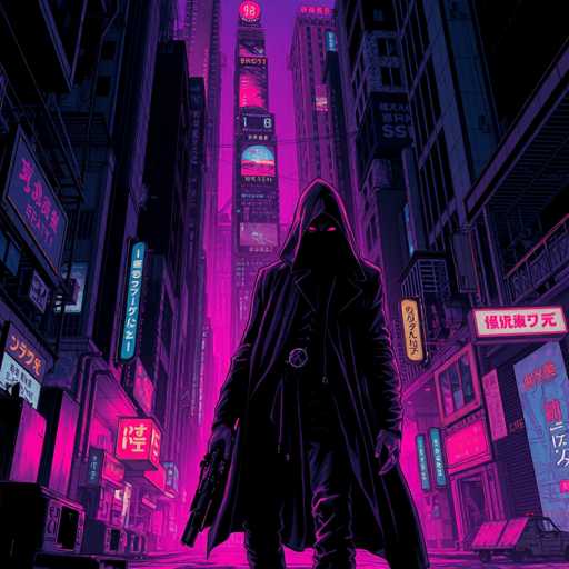 A lone, cloaked figure stands in a neon-lit, futuristic cityscape. The figure is silhouetted against vibrant pink and purple signs, holding a gun, emphasizing a sense of mystery and urban isolation. The perspective is low-angle, making the figure appear imposing against the towering buildings. The art style is distinctly cyberpunk, with a focus on bold neon lighting and sharp, dark lines.